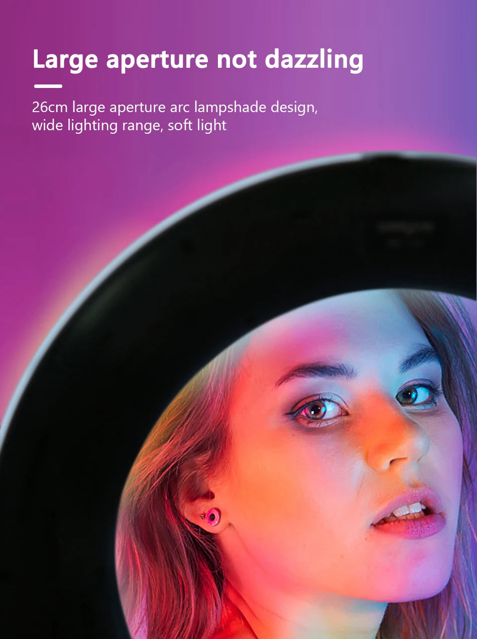 26cm circular LED ring light with black casing, providing soft, colorful illumination for photography and video.