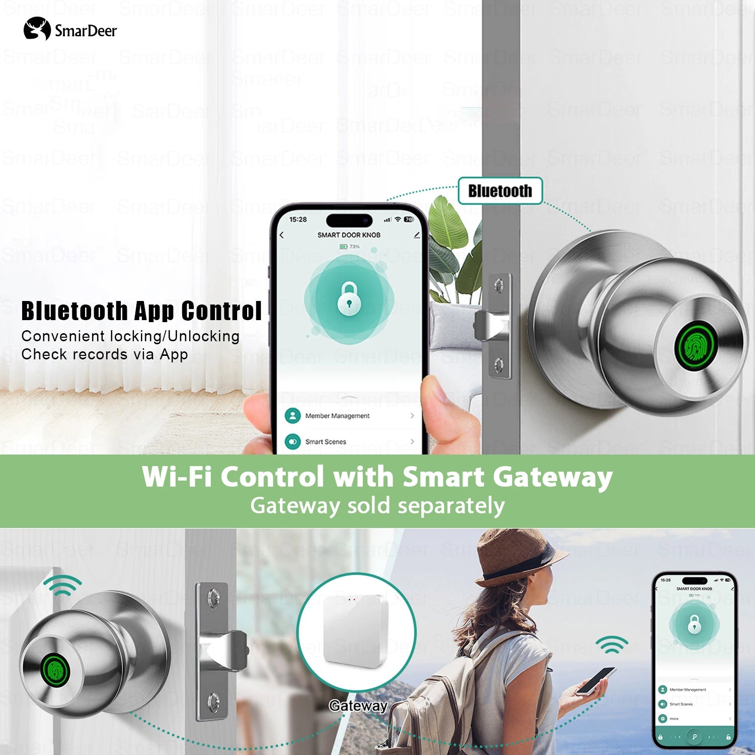 SmarDeer Fingerprint Lock for Tuya Smart Lock with Bluetooth Door Lock Keyless Entry with Fingerprint and Tuya App