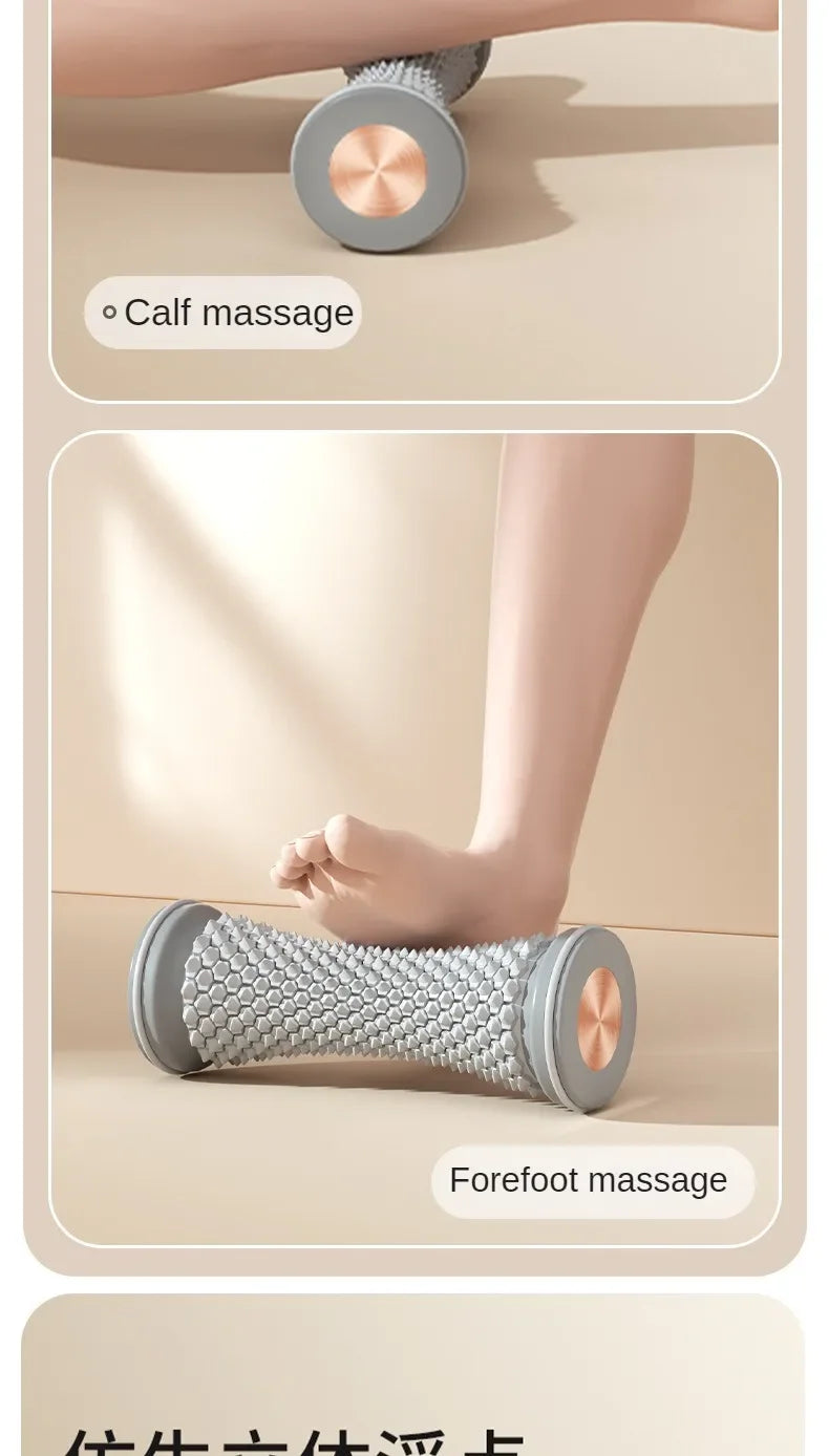 Gray manual foot and calf massage roller with textured surface for plantar fasciitis relief and muscle relaxation.