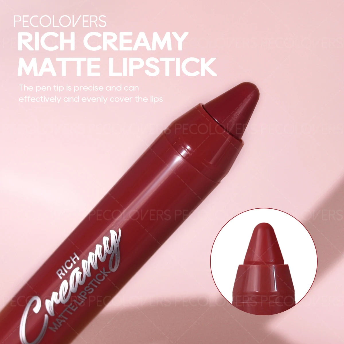 Pecolovers rich creamy matte lip crayon in deep red shade, a precise moisturizing lipstick pencil for daily makeup.