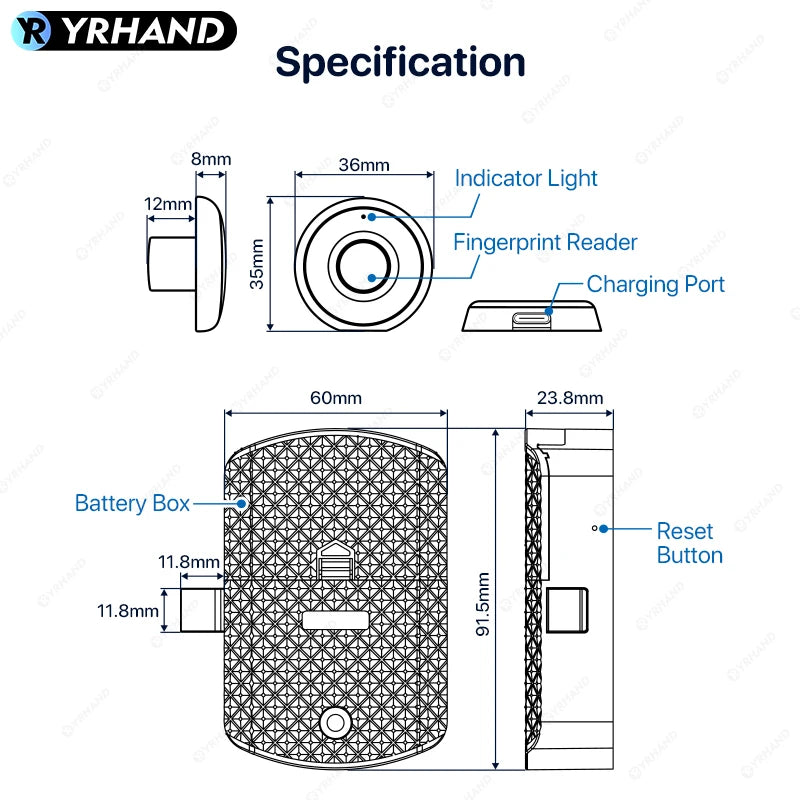 YRHAND Fingerprint Drawer fingerprint battery Cabinet lock Keyless electronic Smart wireless locker Lock for home and office