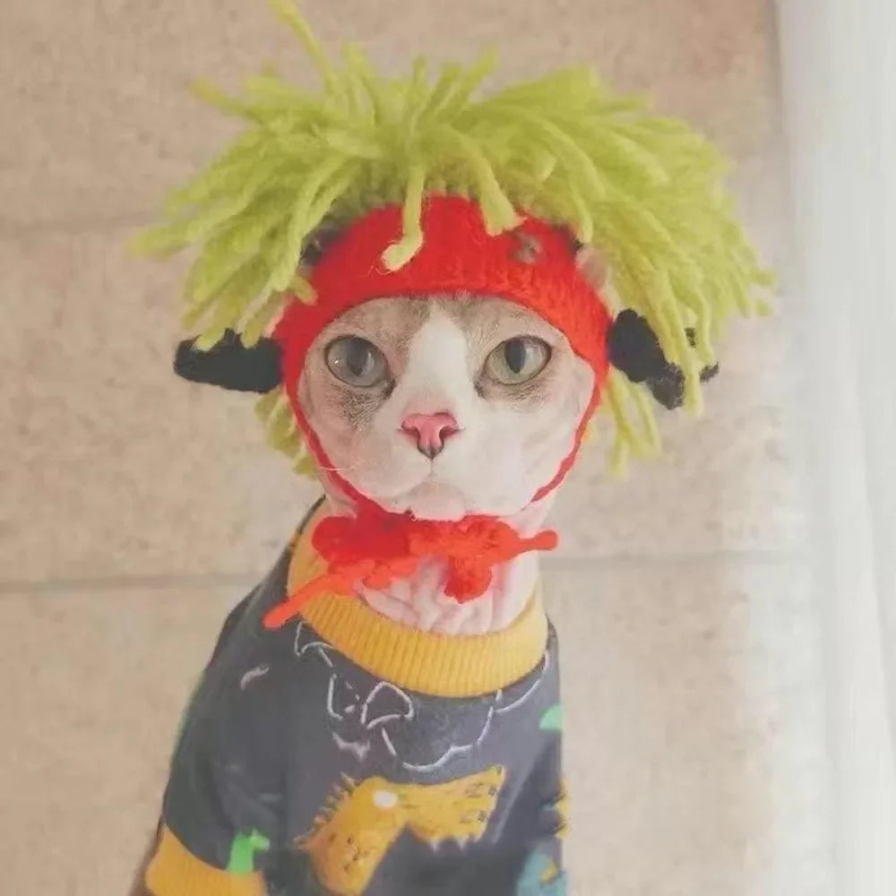 Funny knitted cat hat with lime green hair and red adjustable tie for cute pet cosplay costume and photo props.