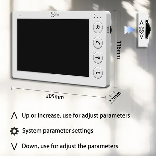 White 7-inch video intercom monitor with circular call buttons on the right side
