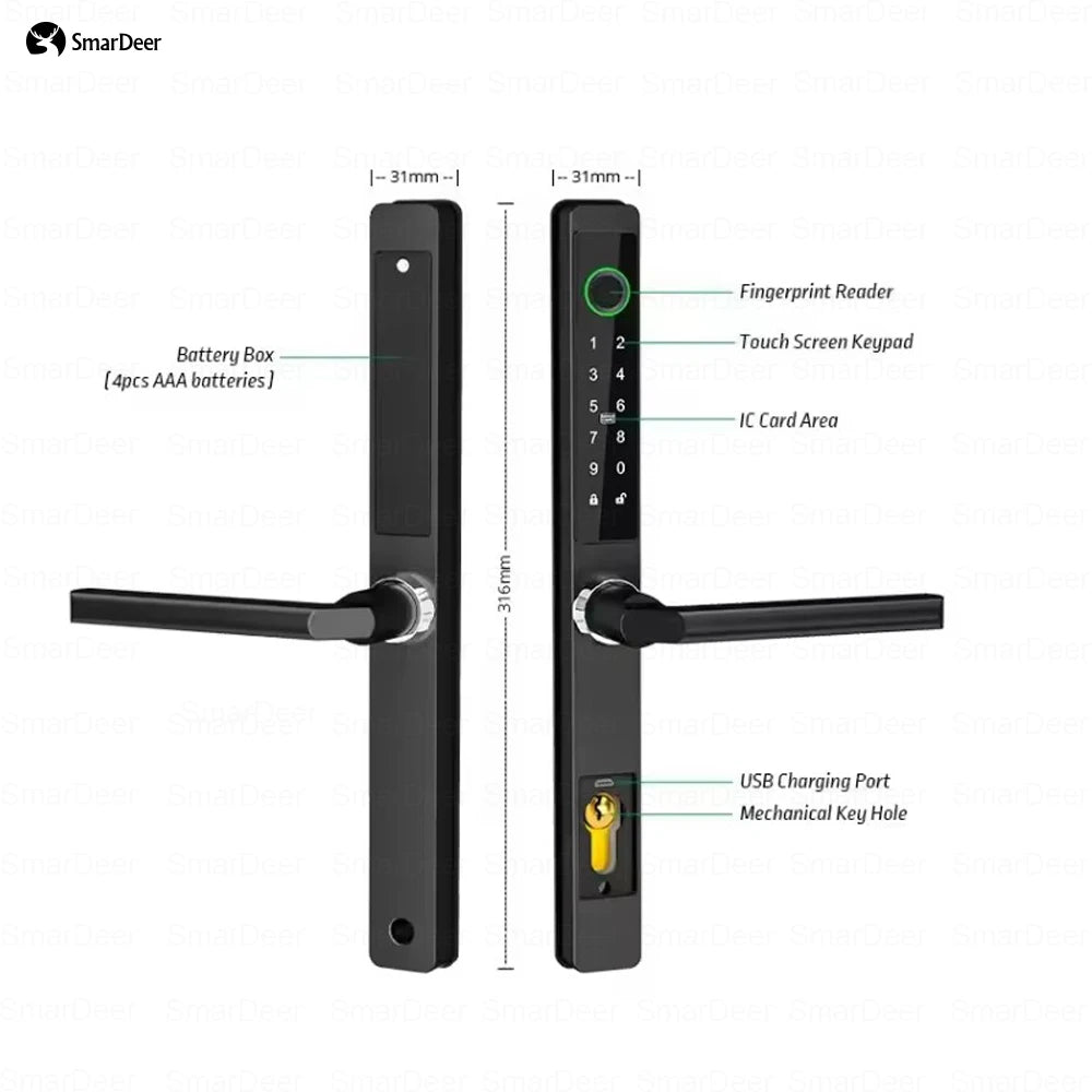 SmarDeer IP65 Waterproof Sliding Door Smart Lock，Tuya WiFi Broken Bridge Aluminum Sliding Door  Fingerprint Lock