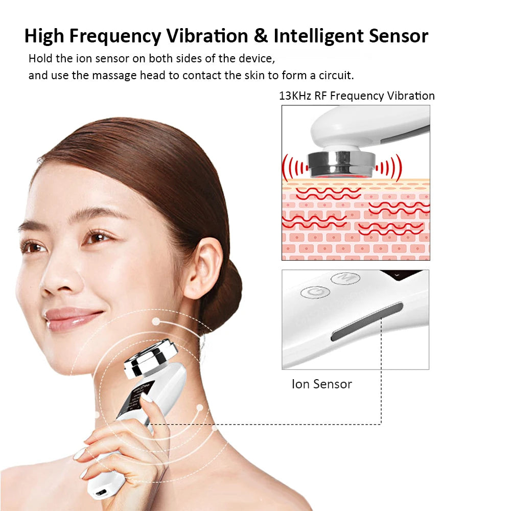 White handheld RF facial massager with a round metal head and ion sensor, shown in use on a woman's neck.