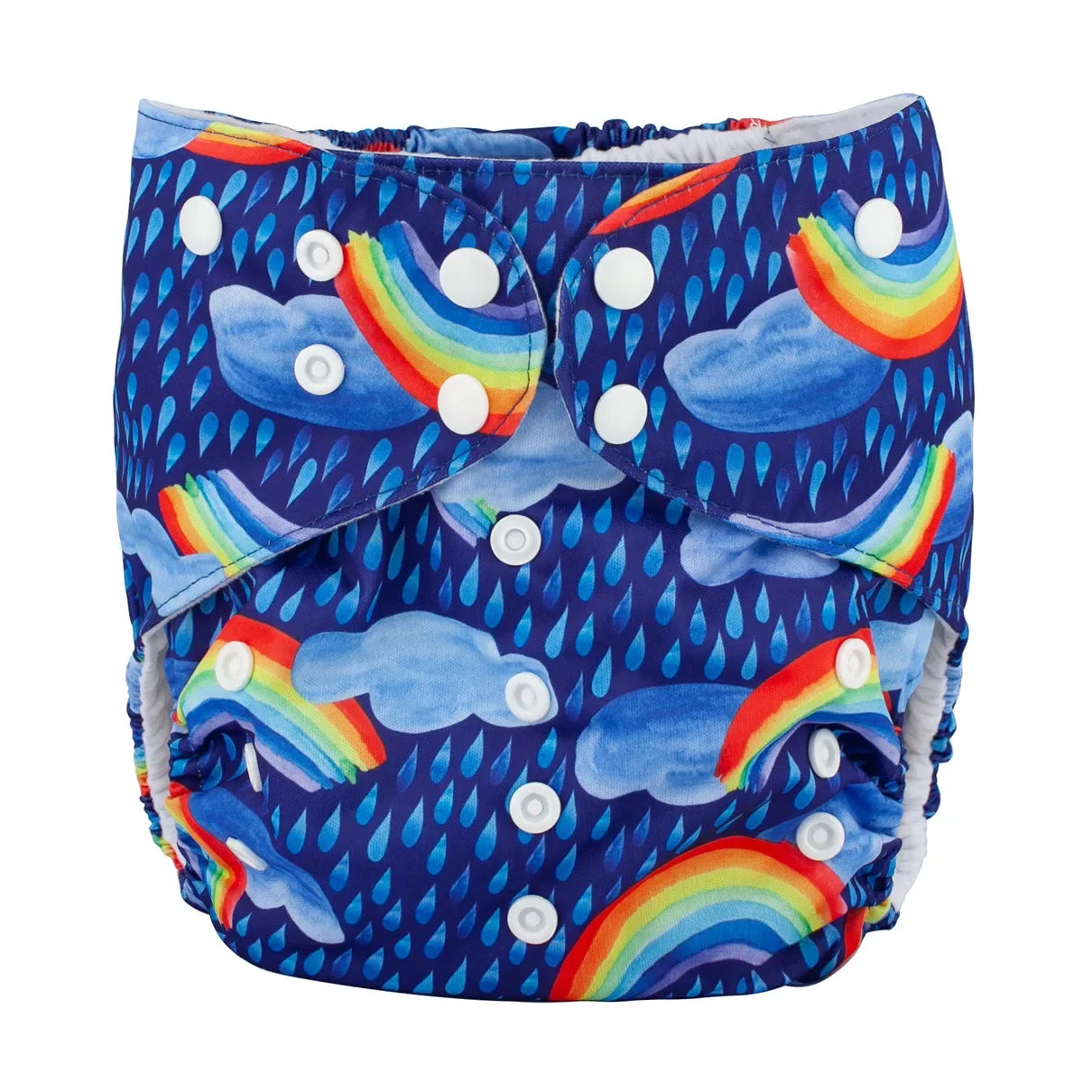 Reusable baby cloth diaper with adjustable snaps, featuring a blue rainbow and raindrop pattern for baby care.