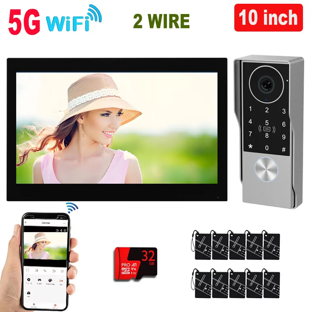 10 inch video doorbell intercom kit with gray keypad, screen showing face, app control