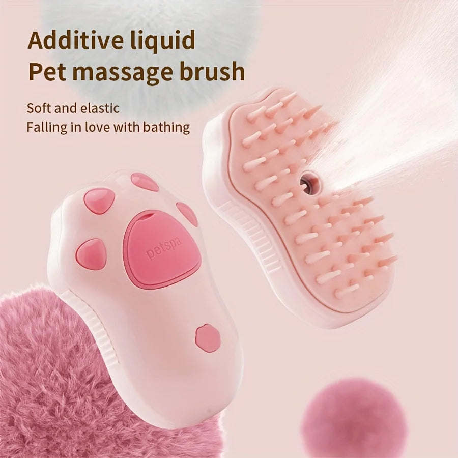 Pink 3-in-1 electric steam pet grooming brush in paw shape for gentle massage, hair removal, and bathing.