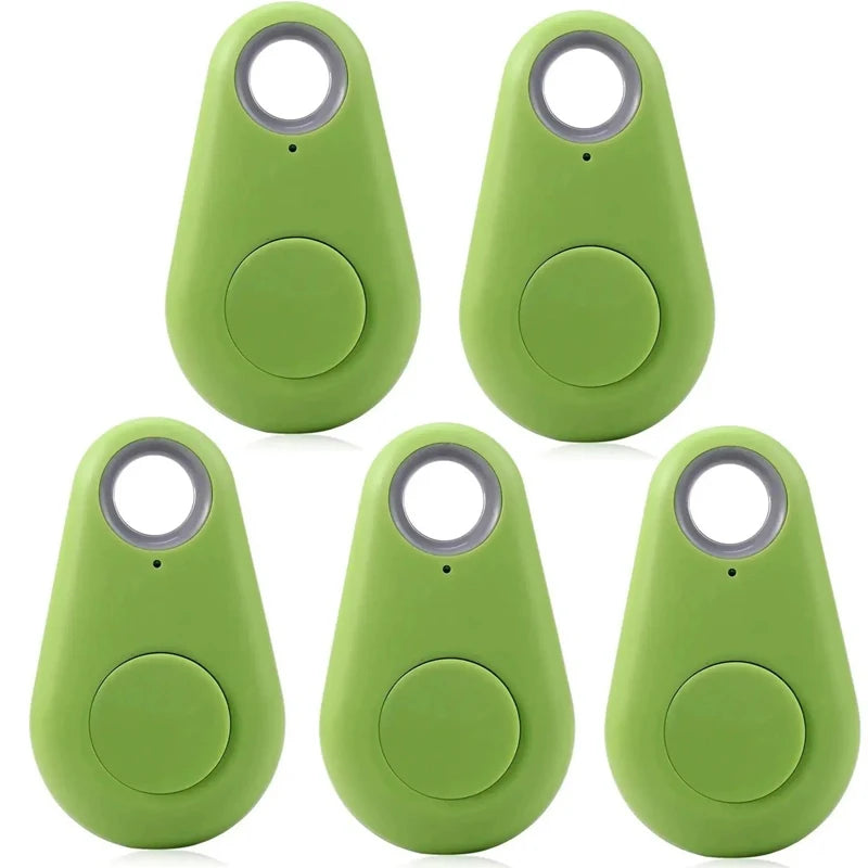 Five green Bluetooth GPS pet trackers for collars to prevent loss and keep dogs and cats safe.