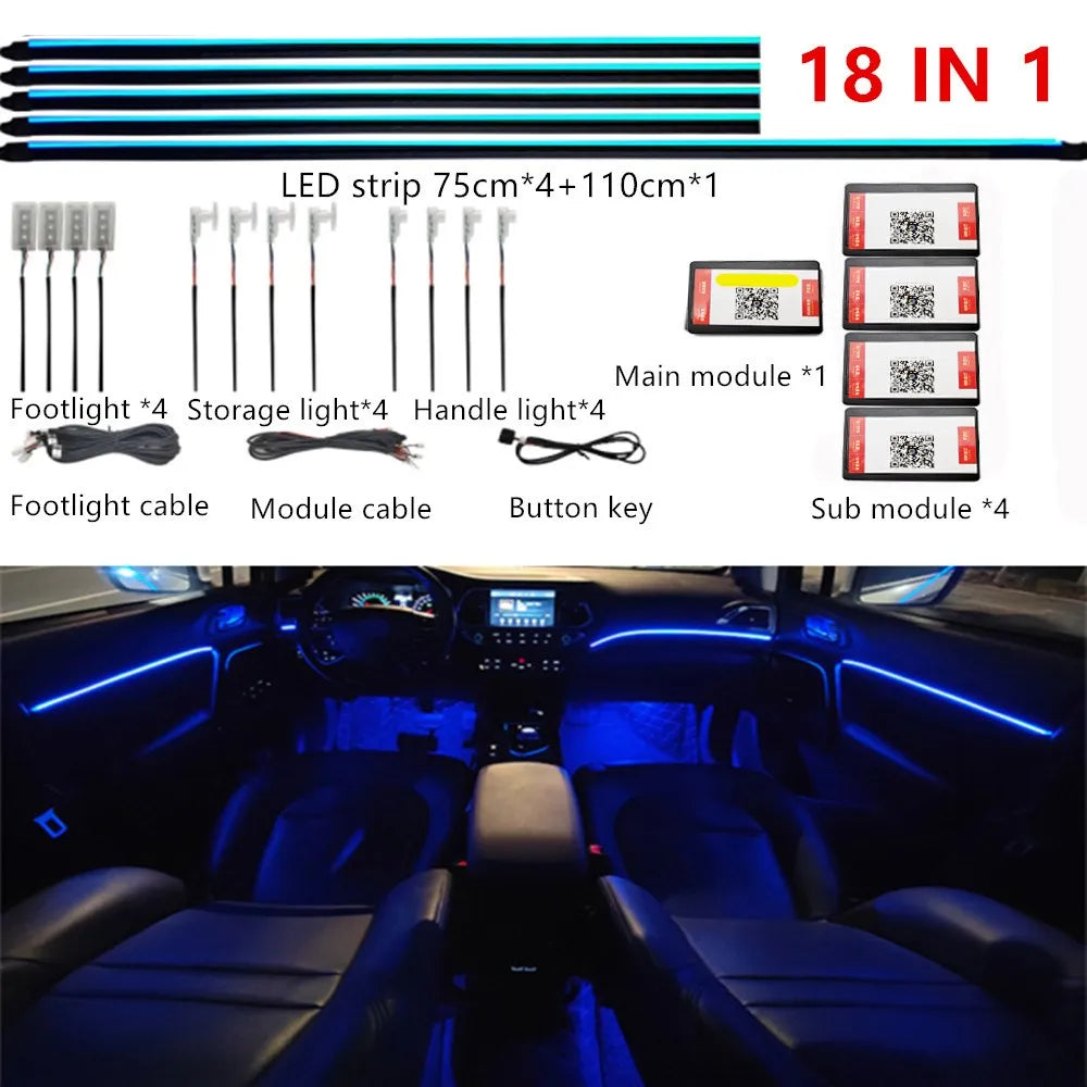 Car LED Ambient Lighting Kit – 64 RGB Color Acrylic Atmosphere RGB 18 in1 Tidesmit