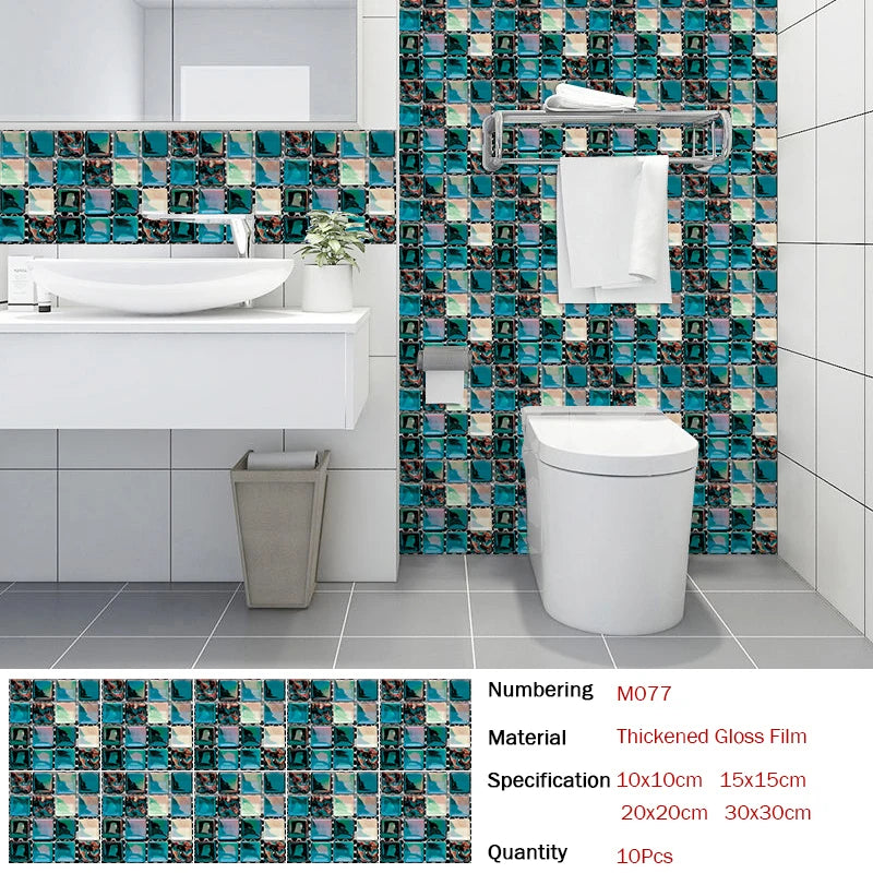 10pcs Flat Mosaic Style Tiles Sticker Kitchen Bathroom Waterproof & Oilproof Art Wall Sticker Peel & Stick Surface Glossy Film