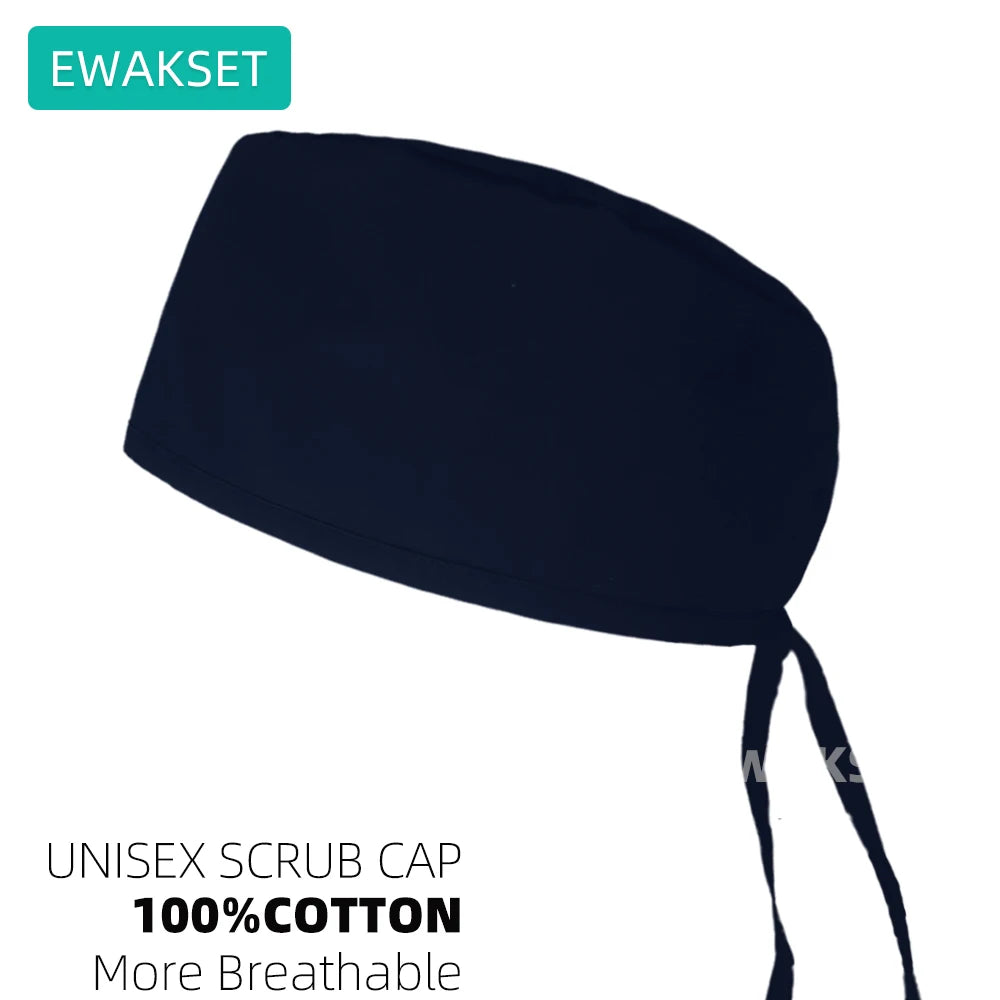 Adjustable navy blue unisex scrub cap with sweatband. Breathable 100% cotton hat for vet, dental, and medical pros.