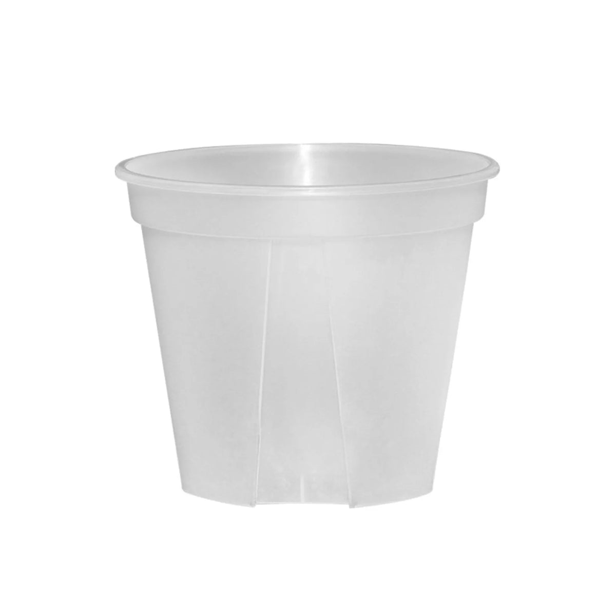 White round resin planter pot with shallow lip and vertical side ridges