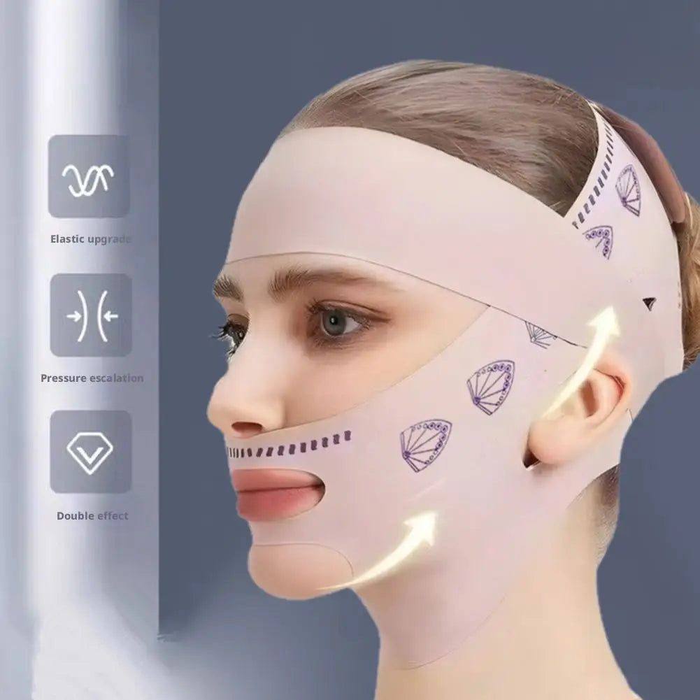 Beige V-line face slimming strap worn over the head and jaw to lift and tighten facial skin.