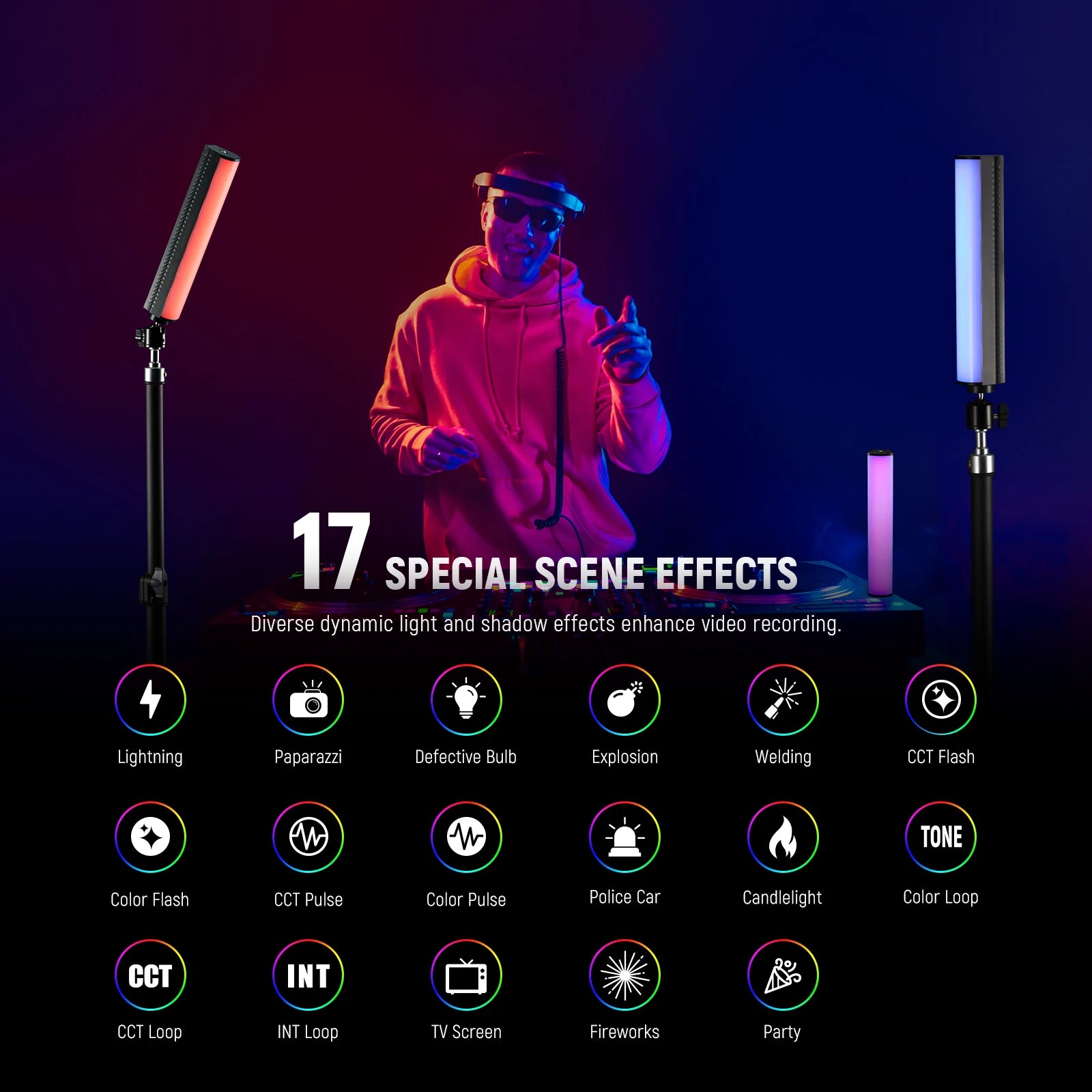RGB LED light sticks on stands with 17 adjustable lighting effects for professional video production and studio work.