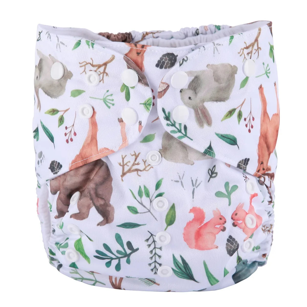 Reusable cloth baby diaper with forest animal print, including bear, bunny, and squirrel pattern with snap buttons.