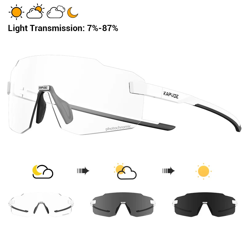 Photochromic cycling sunglasses with clear shield lenses and white frame, black temples