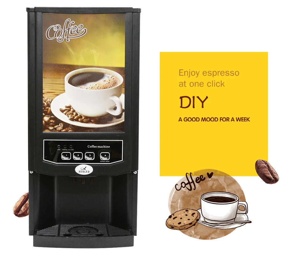 Xeoleo black commercial coffee machine with push-button controls for easy espresso and hot water dispensing.