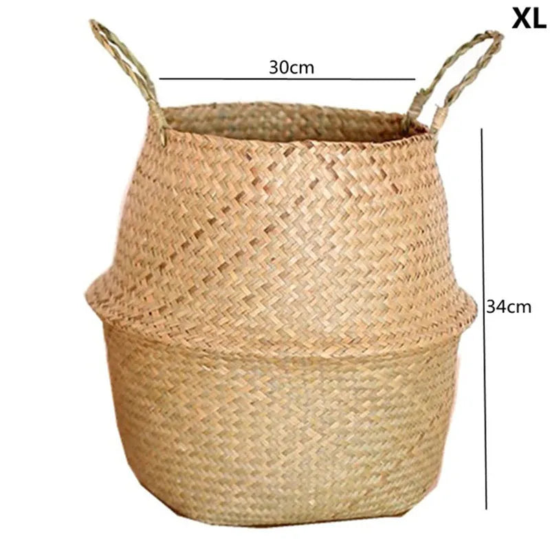 Large woven grass planter basket with twisted handles, natural tan color, 30cm wide.