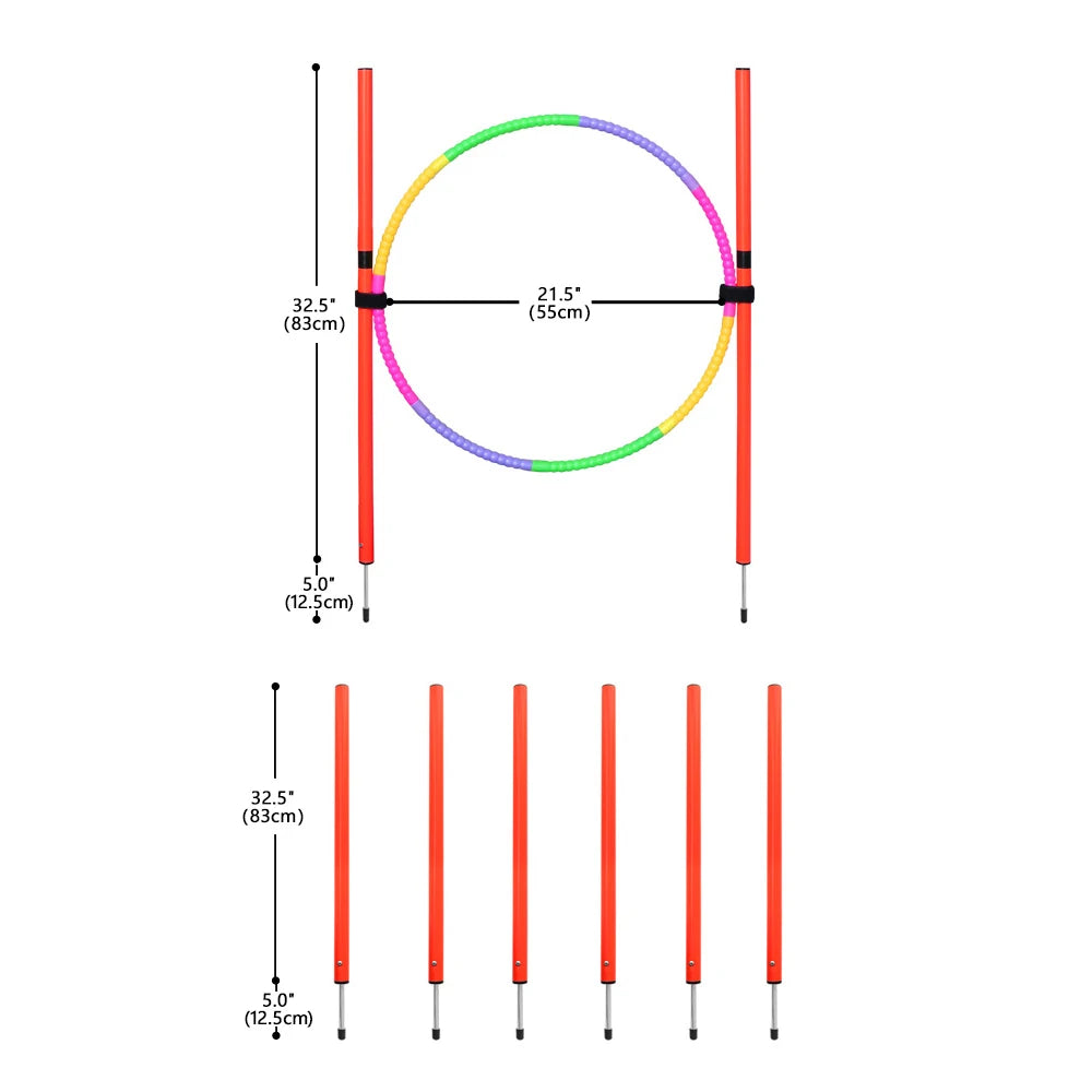Portable dog agility jump hurdle set with multicolored training hoop and red stakes for outdoor pet exercise training.