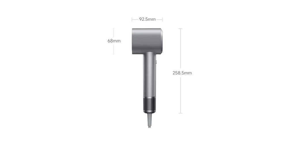 MIJIA H701 high-speed hair dryer in silver, showing sleek ergonomic design, dimensions, and professional specifications.