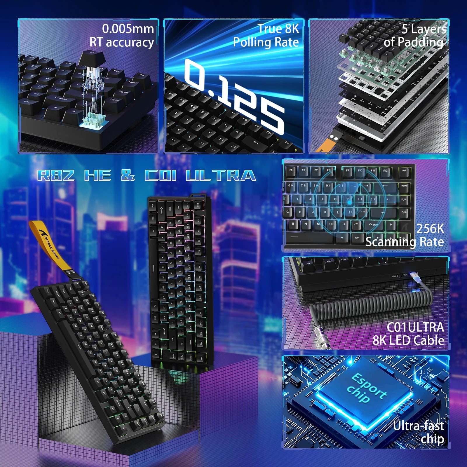 ATTACK SHARK R82 HE Rapid Trigger Wired Mechanical Gaming Keyboard TKL NKRO with 8K Polling,0.005mm RT Accuracy,256K Scan Rate,