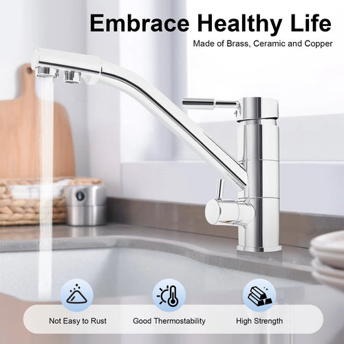 Silver three-way kitchen faucet with tall curved spout and filter head