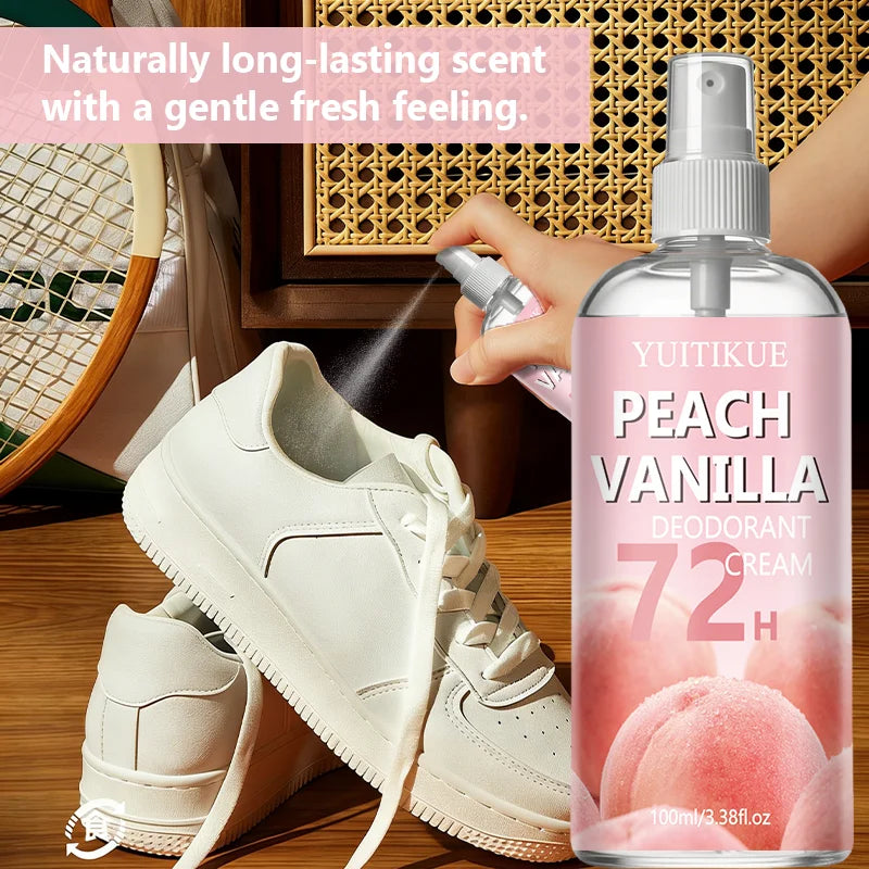 Tidesmit Peach Vanilla 72H long lasting deodorant spray for effective foot and shoe odor elimination