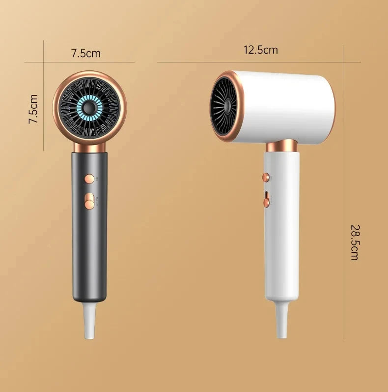 HOMEFISH 2000W ionic hair dryer in white and grey with gold accents, showing compact dimensions and speed settings.