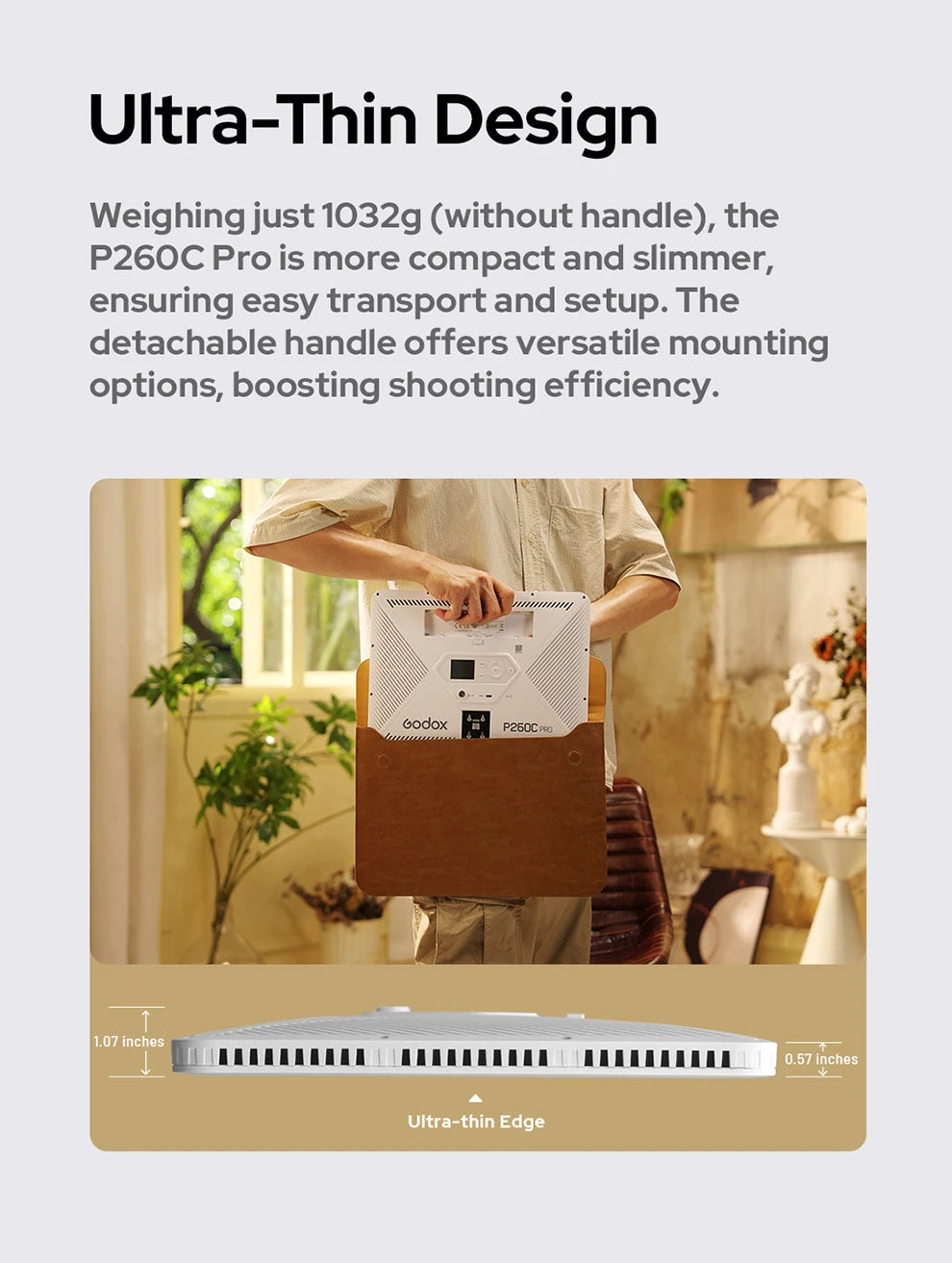 P260C Pro slim white rectangular LED light panel with a detachable handle, shown being carried in a leather case.