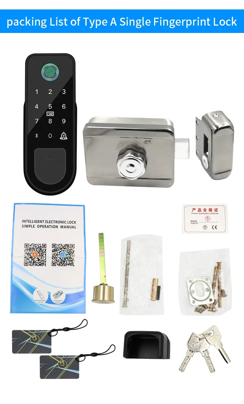 Bluetooth Tuya App Fingerprint Smart Door Lock Gate Password RFID Card Rim Bolt Lock Electronic Door Lock