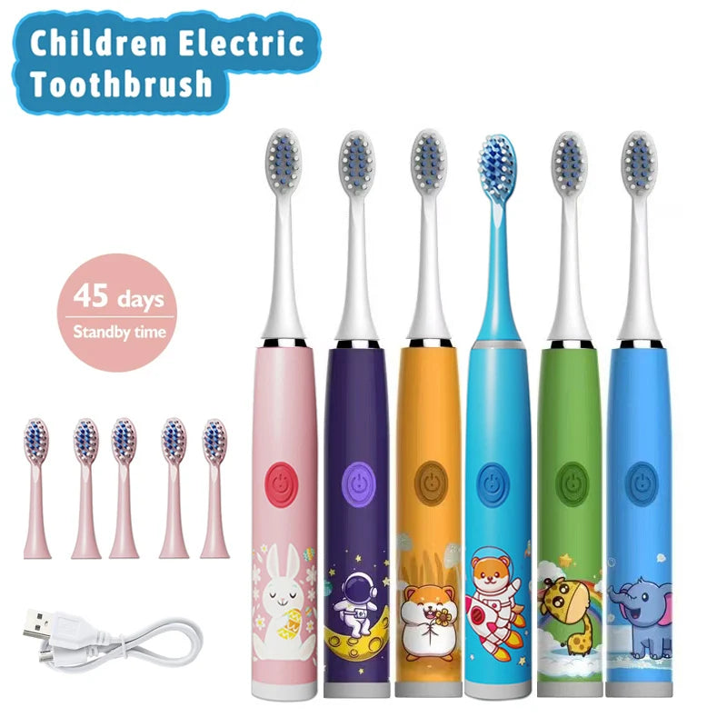 USB Sonic Child Electric Toothbrush Rechargeable Colorful Cartoon Brush Kids Automatic IPX7 Waterproof With Replacement Heads