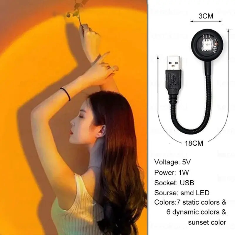 USB sunset lamp with a flexible black neck, 3cm light head, and 18cm total length for ambient mood lighting.