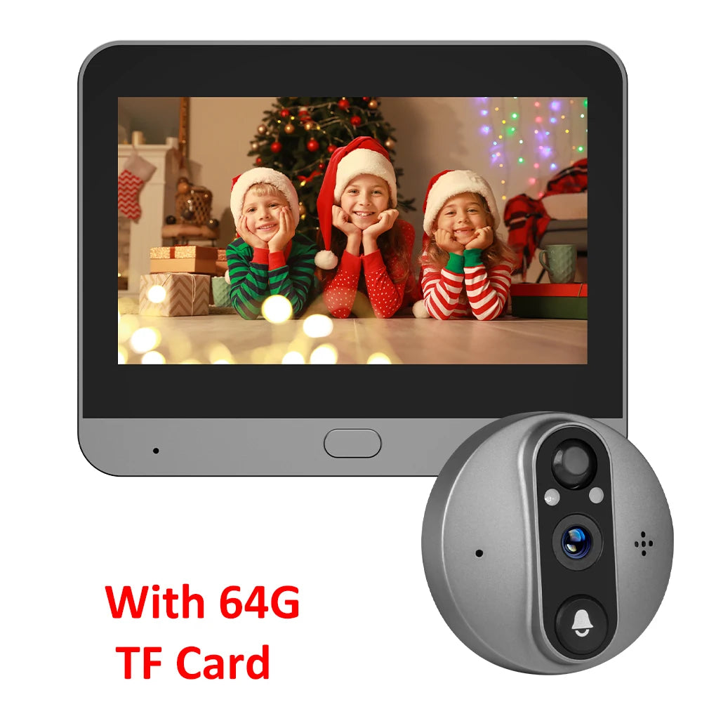 Grey Wi-Fi door peephole camera kit with indoor monitor and 64G TF card included