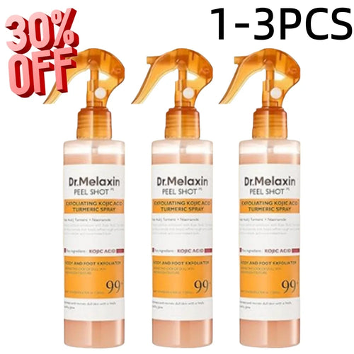 3-pack Dr. Melaxin turmeric spray in orange bottles. Anti-inflammatory kojic acid serum for skin exfoliation.