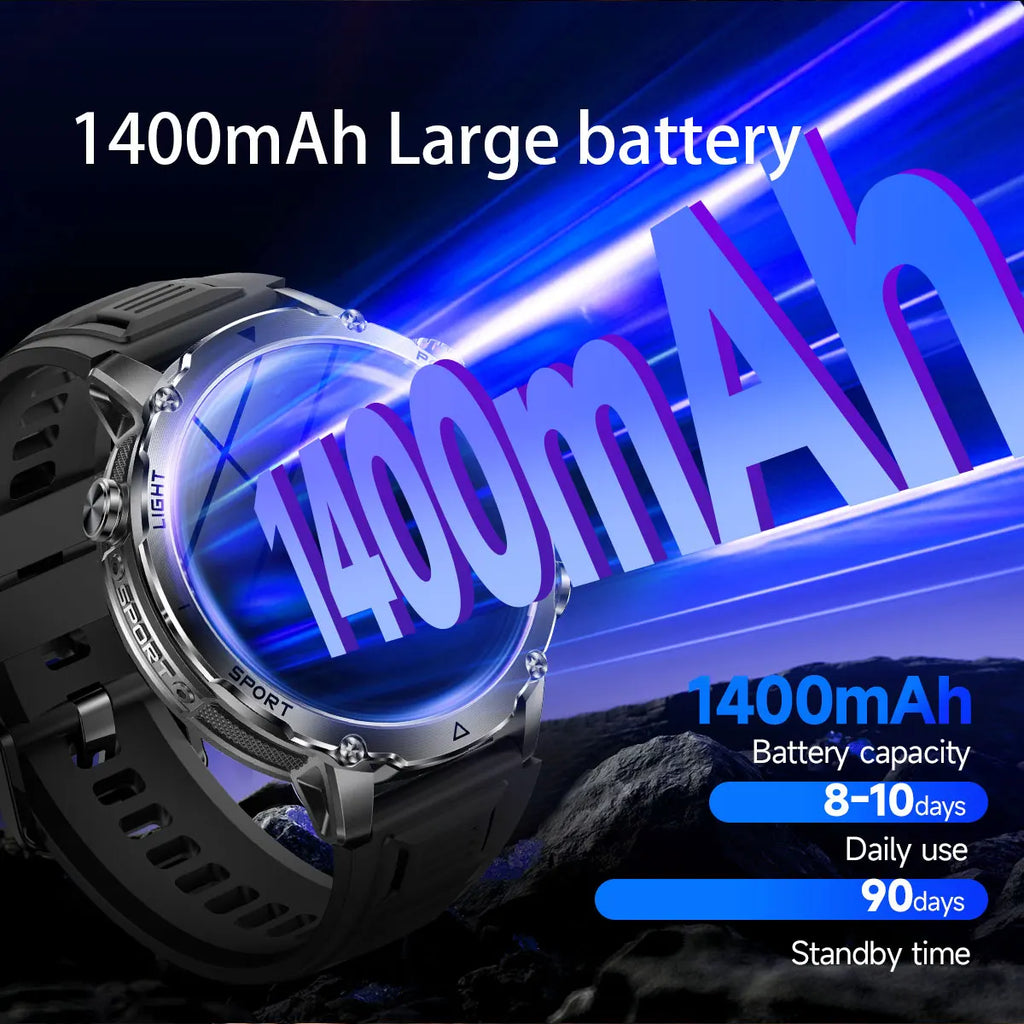 New Military ULtra 1400mAh Huge Battery SmartWatch Two Flashlight 10ATMan Waterproof HD Call 1.73“ 100+Sports Smart watch Man