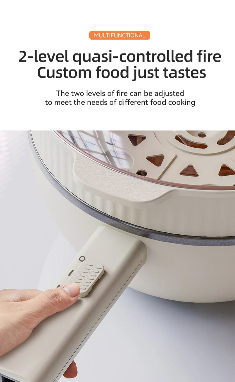 White electric hot pot handle with control panel beside cooking pan lid