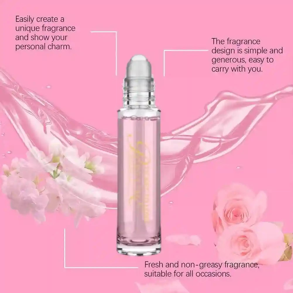 New Pheromone roll-on perfume for men and women. Long-lasting, fresh floral scent in a portable clear glass bottle.