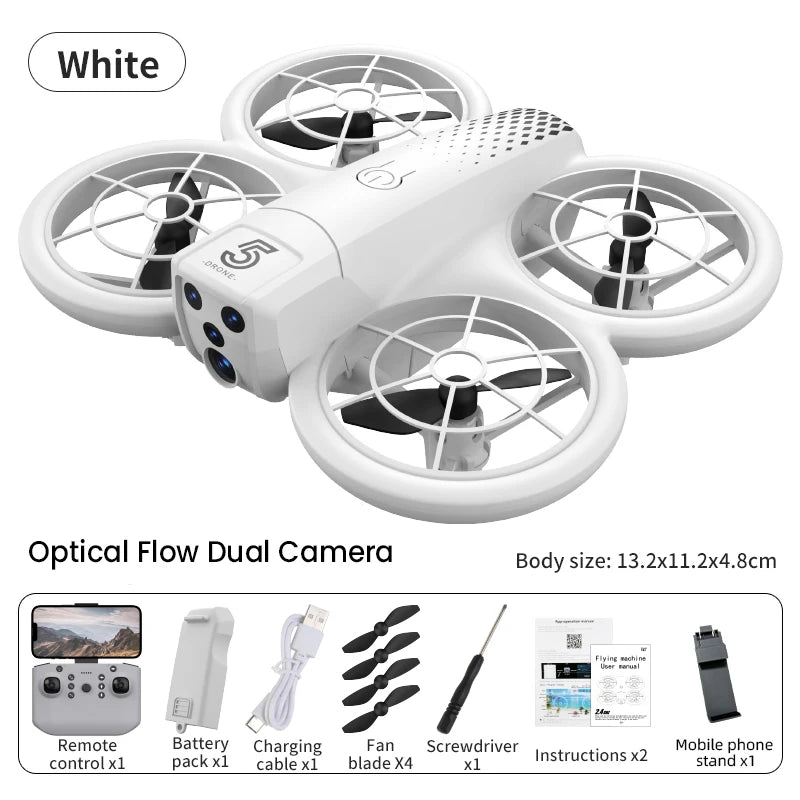 White quadcopter drone with four propeller guards, dual cameras, and included remote, battery, and accessories.