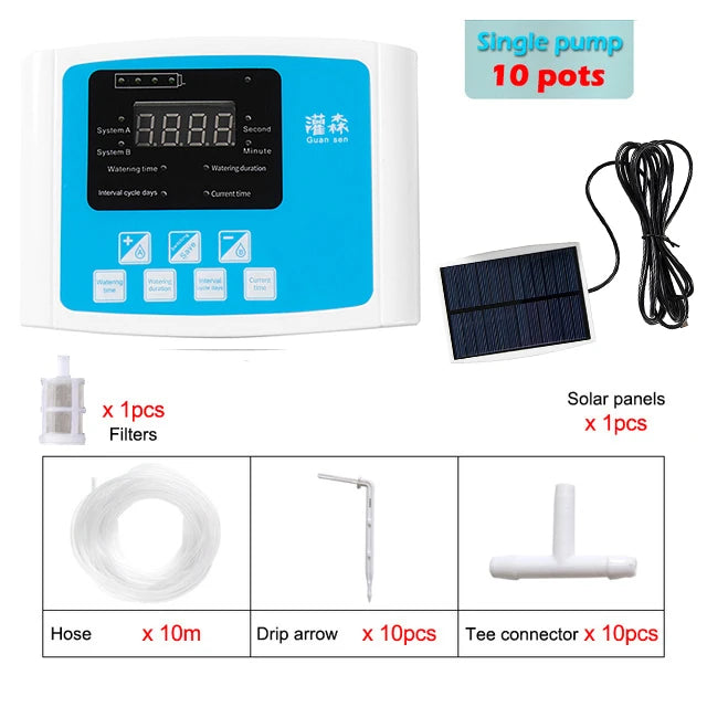 Solar drip irrigation controller kit with blue display, single-pump timer, solar panel, hose kit