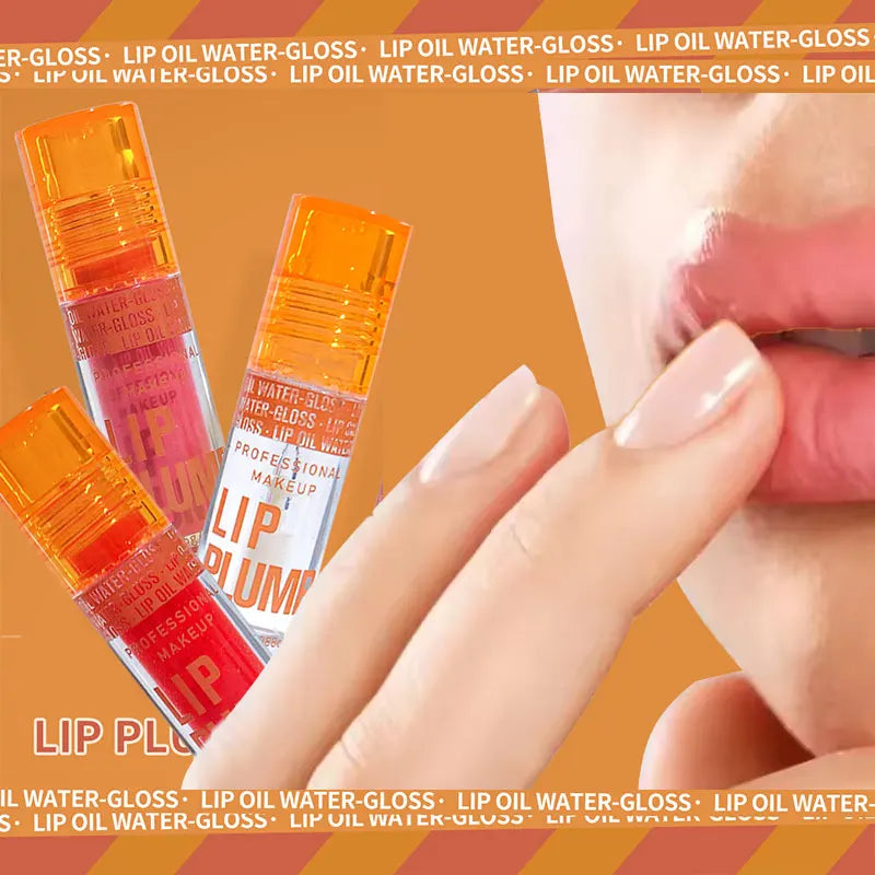 3-piece hydrating lip oil set with glossy pink plumping formula for smooth, moisturized, and shiny lips.