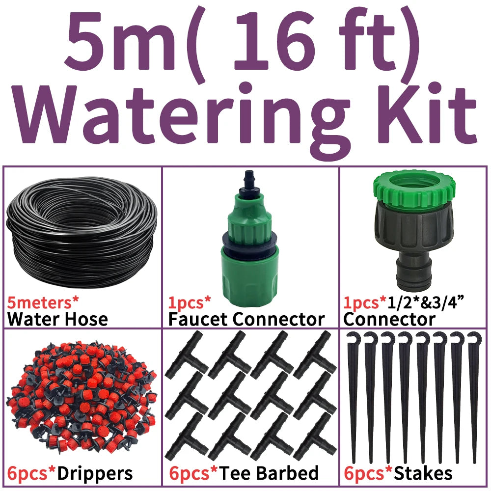 5m micro drip irrigation kit with black hose, green connectors, drippers, tee barbed, stakes
