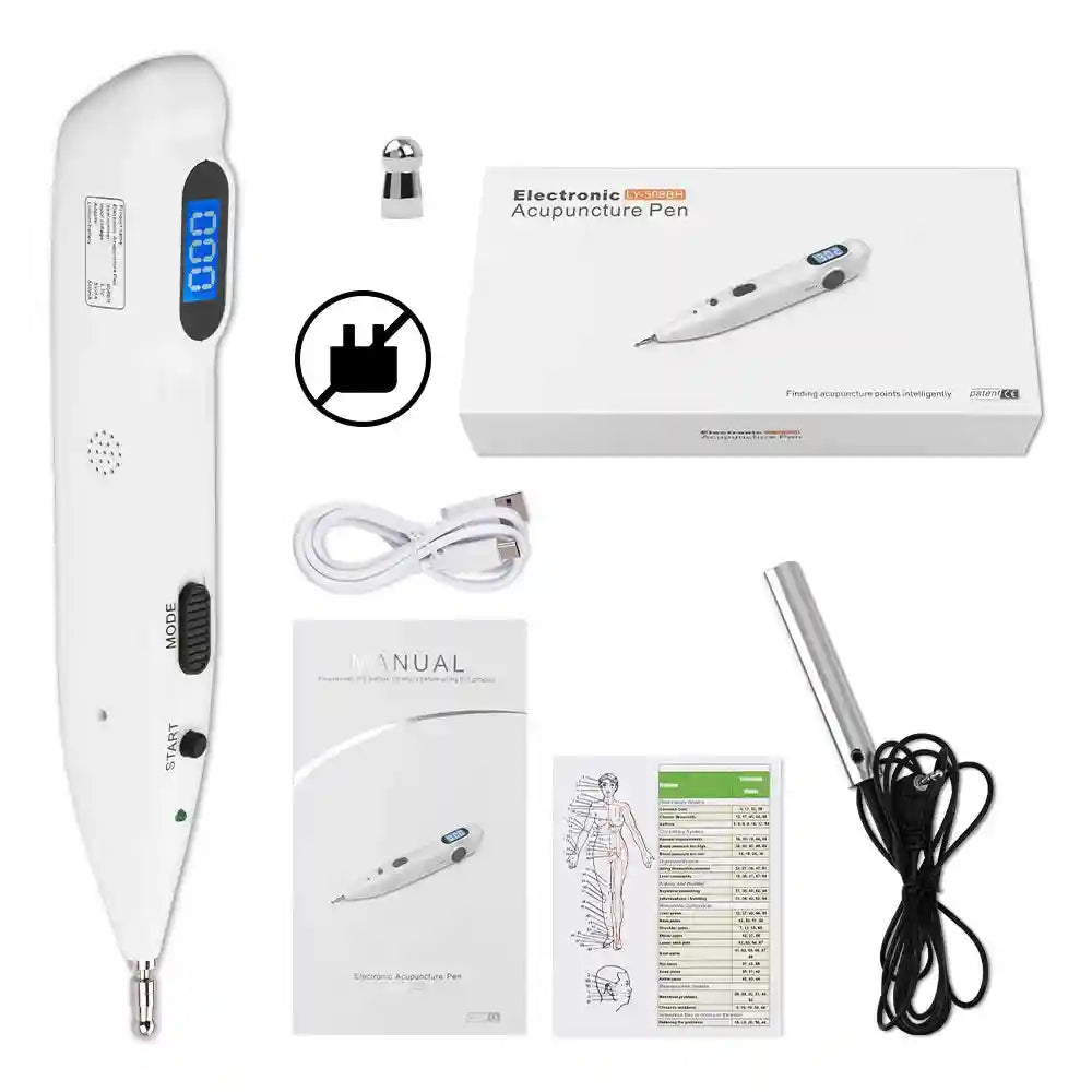 White electronic acupuncture pen with digital display, charging cable, manual, and metallic massage attachments.
