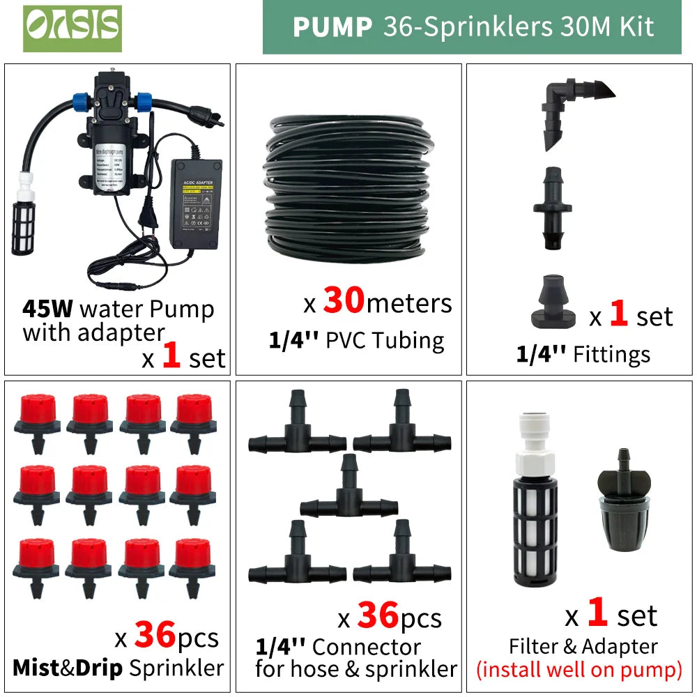 OASIS pump 36-sprinklers kit with 45W water pump, 30m tubing coil, 1/4 fittings, connections