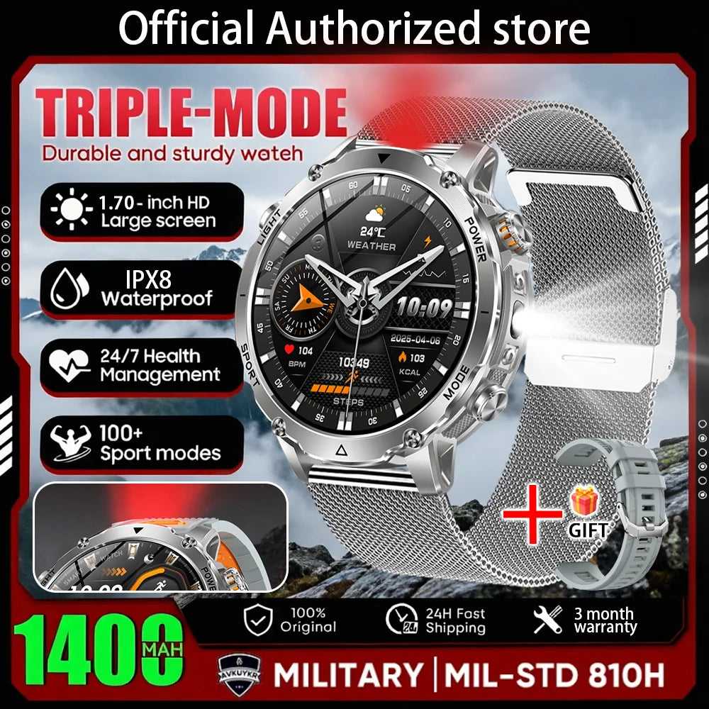 New Military ULtra 1400mAh Huge Battery SmartWatch Two Flashlight 10ATMan Waterproof HD Call 1.73“ 100+Sports Smart watch Man