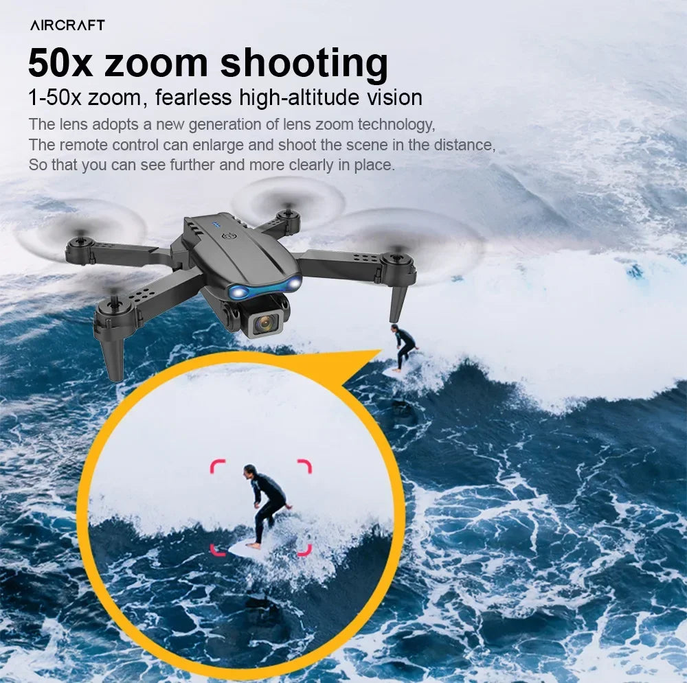 Black quadcopter drone with a camera, featuring 50x zoom for capturing distant aerial photos and videos.