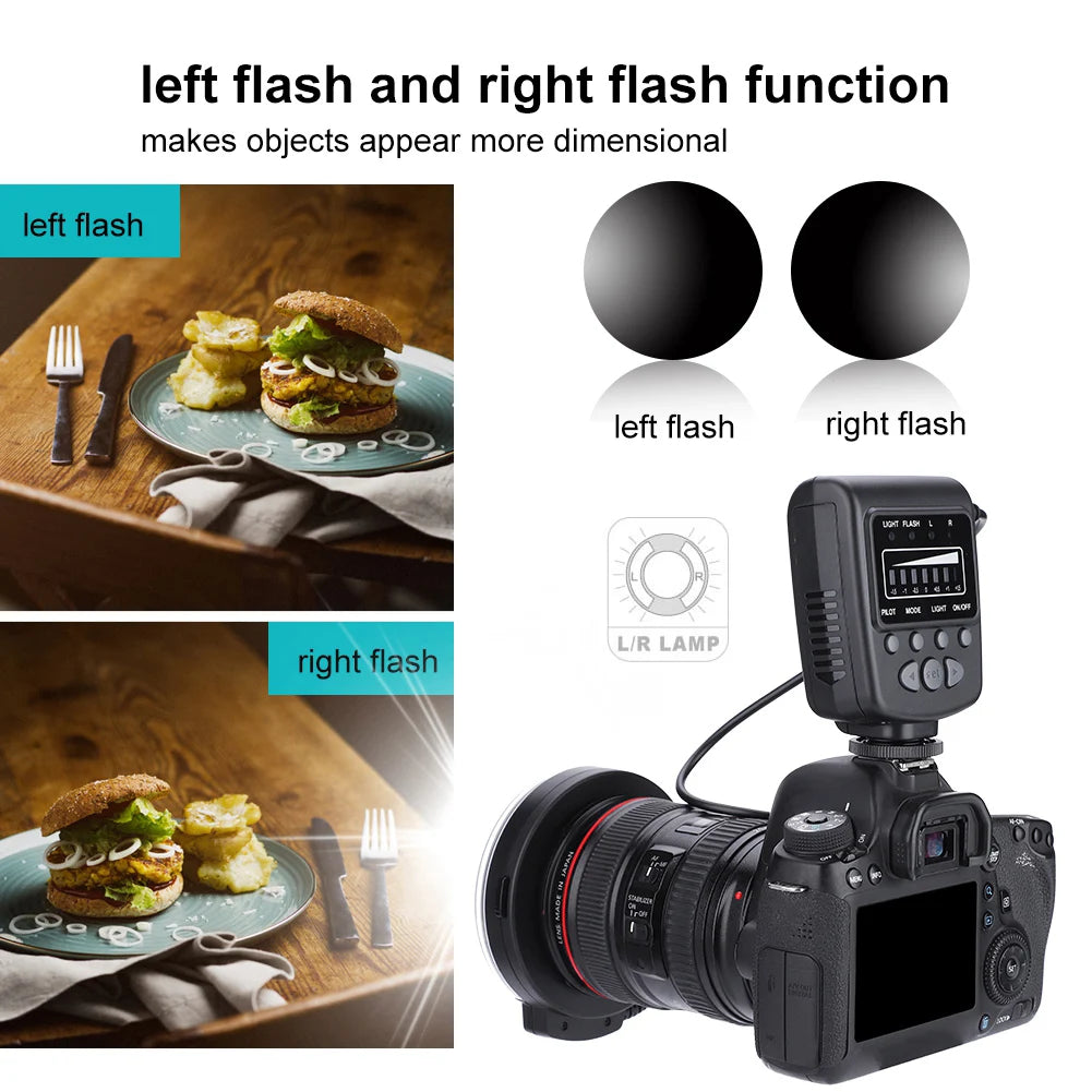 Macro ring flash mounted on a DSLR camera, showing left and right flash settings for dimensional photography lighting.