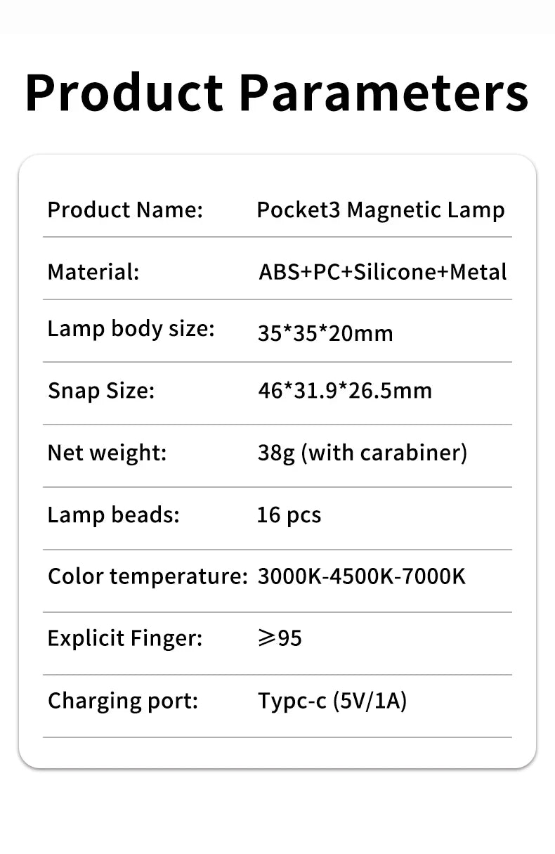 Pocket3 magnetic lamp, 35x35mm, made of ABS, PC, silicone, and metal, featuring 16 beads for portable illumination.