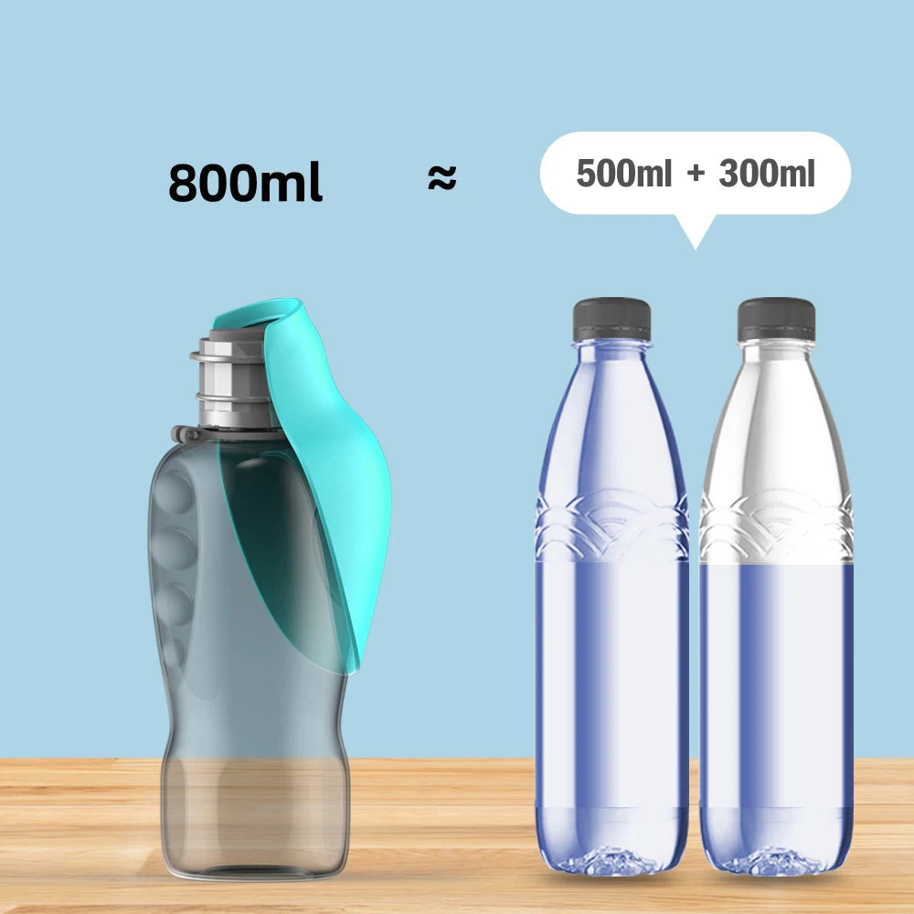 800ml portable dog water bottle with blue drinking bowl for easy outdoor travel hydration for pets.