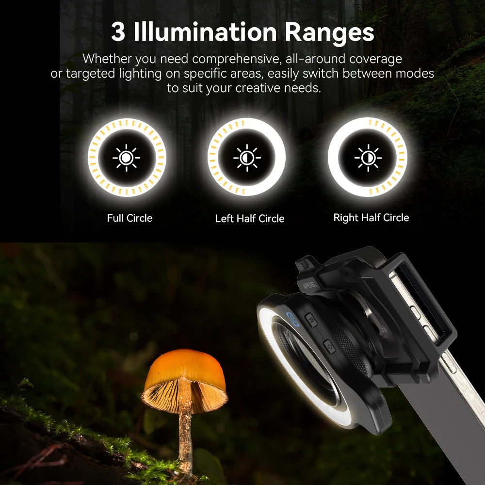 Black circular clip-on LED ring light for smartphones, featuring full, left, and right half-circle lighting modes.